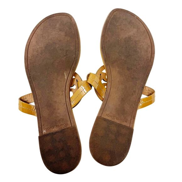 TORY BURCH Tan Caramel Patent Leather Miller Classic Designer Logo Sandals Sz 9 - Picture 6 of 8